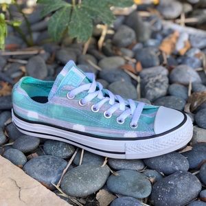 Turquoise and white stripped converse